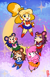 Size: 744x1150 | Tagged: safe, artist:luvon, artist:shizue, isabelle (animal crossing), labelle (animal crossing), mabel (animal crossing), reese (animal crossing), sable (animal crossing), sailor jupiter (sailor moon), sailor mars (sailor moon), sailor mercury (sailor moon), sailor venus (sailor moon), usagi tsukino (sailor moon), alpaca, canine, dog, hedgehog, mammal, shih tzu, anthro, animal crossing, nintendo, sailor moon, 2015, ami mizuno (sailor moon), bottomwear, camelid, clipboard, clothes, cosplay, crescent moon, dress, female, females only, footwear, freckles, group, lidded eyes, makoto kino (sailor moon), minako aino (sailor moon), moon, open mouth, open smile, pencil, rei hino (sailor moon), sailor senshi, signature, skirt, smiling, ungulate