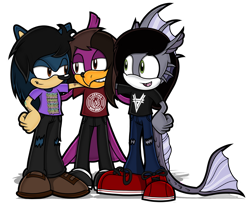 Size: 2000x1620 | Tagged: source needed, safe, artist:toyminator900, sonic the hedgehog (sonic), bird, codfish, fish, hedgehog, mammal, robin, songbird, anthro, bring me the horizon, kellin quinn, oliver sykes, pierce the veil, sega, sonic the hedgehog (series), vic fuentes, blue body, bottomwear, clothes, commission, feathers, fins, fish tail, gray body, group, hand on hip, hug, jeans, lip piercing, looking at each other, male, males only, nose piercing, pants, piercing, ripped jeans, ripped pants, scales, sharp teeth, shirt, shoes, simple background, smirk, sonicified, t-shirt, tail, tattoo, teeth, topwear, torn clothes, transparent background, trio, trio male