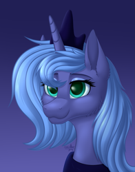 Size: 1203x1538 | Tagged: safe, artist:starshade, princess luna (mlp), alicorn, equine, fictional species, mammal, pony, feral, friendship is magic, hasbro, my little pony, 2022, bust, clothes, crown, cute, cyan eyes, ears, eyelashes, eyeshadow, female, gradient background, hair, headwear, horn, jewelry, looking at something, makeup, mane, mare, peytral, portrait, redraw, regalia, smiling, solo, solo female, sparkly eyes, wingding eyes