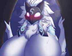 Size: 543x424 | Tagged: suggestive, alternate version, artist:complextree, artist:evenesko.d.fox, collaboration, kindred (league of legends), bovid, caprine, lamb, mammal, sheep, anthro, league of legends, 2022, animated, blushing, breasts, detailed background, digital art, ears, female, fluff, fur, gif, hair, huge breasts, looking at you, mask, neck fluff, nudity, shaking, solo, solo female, sweat