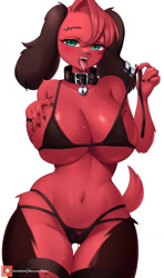Size: 756x1280 | Tagged: suggestive, artist:macaronneko, cherry (animal crossing), canine, dog, mammal, anthro, animal crossing, nintendo, 2022, bedroom eyes, belly button, big breasts, bikini, black nose, blushing, breasts, clothes, collar, digital art, ears, eyelashes, female, fur, hair, micro bikini, open mouth, piercing, sharp teeth, simple background, solo, solo female, swimsuit, tail, teeth, thighs, tongue, tongue out, undressing, white background, wide hips