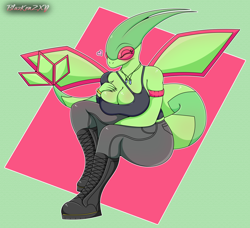 Size: 1280x1167 | Tagged: safe, artist:blazkenzxy, fictional species, flygon, anthro, nintendo, pokémon, 2022, big breasts, boots, bottomwear, breasts, clothes, digital art, eyelashes, eyes closed, female, pants, pose, scales, shirt, shoes, simple background, sitting, solo, solo female, spread wings, tail, thighs, topwear, wings