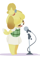 Size: 1675x2470 | Tagged: safe, artist:smewed, isabelle (animal crossing), canine, dog, mammal, shih tzu, anthro, animal crossing, nintendo, 2021, 2d, arms behind back, blushing, bottomwear, clothes, cute, eyelashes, eyes closed, female, floppy ears, fur, microphone, open mouth, open smile, simple background, singing, skirt, smiling, solo, solo female, tail, topwear, vest, white background, yellow body, yellow fur