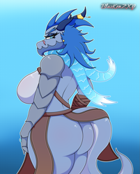 Size: 1029x1280 | Tagged: suggestive, artist:blazkenzxy, dragon, fictional species, anthro, 2022, bedroom eyes, big breasts, breasts, butt, digital art, dragoness, ears, eyelashes, female, horns, looking at you, looking back, looking back at you, nudity, scales, sideboob, simple background, solo, solo female, tail, thighs, unconvincing armor, wide hips