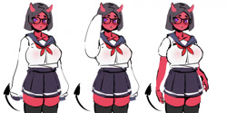 Size: 1280x639 | Tagged: safe, artist:smewed, oc, oc only, oc:alice (smewed), demon, fictional species, humanoid, 2020, beauty mark, big breasts, blushing, bottomwear, breasts, clothes, female, glasses, hair, horns, legwear, long sleeves, looking at you, open mouth, purple eyes, rolled up sleeves, school uniform, schoolgirl, simple background, skirt, solo, solo female, spade tail, tail, thigh highs, white background