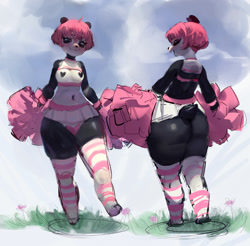 Size: 1280x1257 | Tagged: suggestive, alternate version, artist:smewed, bear, mammal, panda, anthro, belly button, big butt, blushing, bottomwear, breasts, butt, cheerleader, cheerleader outfit, clothes, crop top, female, flower, hair, heart pasties, legwear, lifted leg, looking at you, looking back, looking back at you, open mouth, open smile, pasties, pink hair, plant, pom pom, rear view, smiling, solo, solo female, squinting, striped clothes, striped legwear, tail, topwear, wide hips