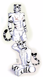 Size: 1900x3400 | Tagged: safe, artist:raxelnsfw, oc, oc only, big cat, feline, mammal, tiger, anthro, digitigrade anthro, 2021, abs, belly button, black nose, bottomwear, clothes, digital art, ears, eyes closed, fur, jacket, male, monochrome, muscles, partial nudity, pecs, scar, shirt, shorts, sitting, solo, solo male, striped body, striped fur, tail, tail wag, thighs, topless, topwear