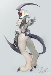 Size: 679x1000 | Tagged: safe, artist:tsampikos, absol, fictional species, mammal, anthro, digitigrade anthro, nintendo, pokémon, 2011, black nose, breasts, butt, claws, digital art, ears, eyelashes, female, fluff, hair, horns, looking at you, neck fluff, pose, rear view, sideboob, simple background, solo, solo female, thighs, unconvincing armor, wide hips
