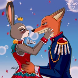 Size: 1280x1280 | Tagged: safe, artist:hinatawolf, judy hopps (zootopia), nick wilde (zootopia), canine, fox, lagomorph, mammal, rabbit, anthro, disney, zootopia, 2020, bedroom eyes, black nose, blushing, breasts, cheek fluff, clothes, digital art, dress, duo, ears, eyelashes, female, fluff, fur, holiday, looking at each other, male, male/female, pink nose, sideboob, thighs, valentine's day, wide hips