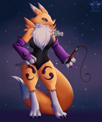 Size: 1067x1280 | Tagged: safe, artist:hinatawolf, fictional species, renamon, anthro, digitigrade anthro, digimon, 2020, bedroom eyes, black nose, black sclera, breasts, cheek fluff, clothes, colored sclera, digital art, ears, eyelashes, female, fluff, fur, hand on hip, looking at you, neck fluff, one-piece swimsuit, solo, solo female, swimsuit, tail, thighs, whip, wide hips