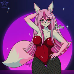Size: 1280x1280 | Tagged: safe, artist:hinatawolf, nazuna hiwatashi (bna), canine, fox, mammal, anthro, bna: brand new animal, 2020, armpits, arms behind head, bedroom eyes, big breasts, black nose, blushing, breasts, bunny suit, cheek fluff, clothes, digital art, ears, eyelashes, female, fishnet, fishnet stockings, fluff, fur, hair, hand on hip, legwear, looking at you, pose, see-through, solo, solo female, stockings, tail, thighs, vixen, wide hips
