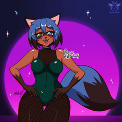 Size: 1280x1280 | Tagged: safe, artist:hinatawolf, michiru kagemori (bna), canine, mammal, raccoon dog, anthro, bna: brand new animal, 2020, bedroom eyes, big breasts, black nose, blushing, breasts, bunny suit, butt, cheek fluff, clothes, digital art, ears, eyelashes, female, fishnet, fishnet stockings, fluff, fur, gloves (arm marking), hair, hand on hip, legwear, looking at you, mask (facial marking), open mouth, pose, see-through, sharp teeth, solo, solo female, stockings, tail, teeth, thighs, tongue, underass, wide hips