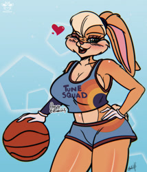 Size: 1097x1280 | Tagged: safe, artist:hinatawolf, lola bunny (looney tunes), lagomorph, mammal, rabbit, anthro, looney tunes, space jam, space jam: a new legacy, warner brothers, 2021, ball, basketball, bedroom eyes, big breasts, blushing, bottomwear, breasts, buckteeth, cheek fluff, clothes, crop top, digital art, ears, eyelashes, female, fluff, fur, gloves, hair, hand on hip, looking at you, midriff, one eye closed, open mouth, pose, shorts, simple background, solo, solo female, sports bra, sports shorts, tail, teeth, thighs, tongue, topwear, wide hips