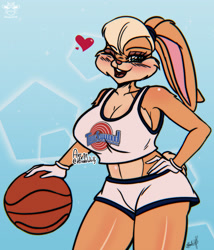 Size: 3000x3500 | Tagged: safe, alternate version, artist:hinatawolf, lola bunny (looney tunes), lagomorph, mammal, rabbit, anthro, looney tunes, space jam, warner brothers, 2021, ball, basketball, bedroom eyes, big breasts, blushing, bottomwear, breasts, buckteeth, cheek fluff, clothes, crop top, digital art, ears, eyelashes, female, fluff, fur, gloves, hair, hand on hip, looking at you, midriff, one eye closed, open mouth, pose, shorts, simple background, solo, solo female, sports bra, sports shorts, tail, teeth, thighs, tongue, topwear, wide hips