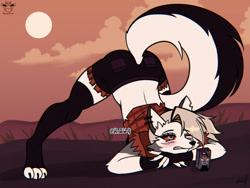 Size: 1280x960 | Tagged: safe, artist:hinatawolf, loona (vivzmind), canine, fictional species, hellhound, mammal, anthro, digitigrade anthro, hazbin hotel, helluva boss, 2021, bedroom eyes, black nose, blushing, bottomwear, breasts, cheek fluff, clothes, colored sclera, digital art, ears, eyelashes, face down ass up, female, fluff, fur, hair, hand on hip, jack-o' crouch pose, jacket, legwear, pose, red sclera, shirt, shorts, sideboob, solo, solo female, stockings, tail, thighs, topwear, wide hips