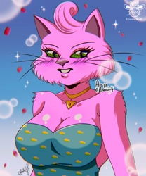Size: 1067x1280 | Tagged: safe, artist:hinatawolf, princess carolyn (bojack horseman), cat, feline, mammal, anthro, bojack horseman, 2020, bedroom eyes, big breasts, blushing, breasts, cheek fluff, clothes, digital art, dress, ears, eyelashes, female, fluff, fur, hair, jewelry, looking at you, necklace, pink body, pink fur, pink hair, pink nose, solo, solo female, whiskers, wide hips