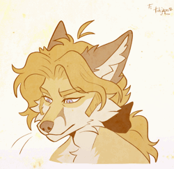 Size: 560x541 | Tagged: safe, artist:tatujapa, oc, oc only, oc:edgar (tatujapa), canine, fox, mammal, anthro, 2022, 2d, 2d animation, animated, ear fluff, eyebrow through hair, eyebrows, fluff, frame by frame, gif, hair, looking at you, male, simple background, slit pupils, solo, solo male, squigglevision, whiskers, white background
