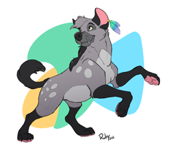 Size: 1100x939 | Tagged: safe, artist:crimes, oc, oc only, hyena, mammal, spotted hyena, feral, 2022, abstract background, ambiguous gender, ear piercing, fangs, feather, paw pads, paws, piercing, sharp teeth, smiling, solo, solo ambiguous, tail, teeth