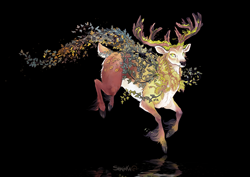Size: 1100x777 | Tagged: safe, artist:shalinka, cervid, deer, elemental creature, fictional species, mammal, feral, 2022, antlers, brown body, brown fur, cloven hooves, fur, green eyes, hooves, leaf, male, moss, mushroom, reflection, signature, solo, solo male, spirit, tail, unshorn fetlocks, white body, white fur