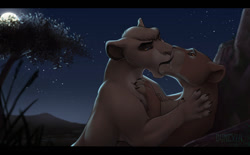 Size: 1128x700 | Tagged: suggestive, artist:dynexia, kiara (the lion king), vitani (the lion king), big cat, feline, lion, mammal, feral, disney, the lion king, 2022, claws, female, female/female, feral/feral, full moon, hair, kissing, lioness, moon, night, outdoors, paw on chest, paws, plant, saliva, shipping, signature, stars, tree
