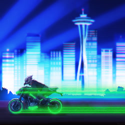 Size: 1200x1200 | Tagged: safe, artist:orcaowl, bird, anthro, 2022, ambiguous gender, building, cityscape, light trail, motorcycle, seattle, side view, skyscraper, vehicle, washington (state)