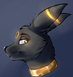 Size: 666x697 | Tagged: safe, artist:capseys, canine, eeveelution, fictional species, mammal, umbreon, ambiguous form, nintendo, pokémon, 2022, black body, black fur, bust, cheek fluff, collar, fluff, fur, male, portrait, profile, side view, smiling, solo, solo male, yellow eyes