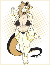 Size: 3050x4000 | Tagged: safe, artist:sophiathedragon, oc, oc:sophia (sophiathedragon), dragon, fictional species, anthro, 2022, bikini, breasts, clothes, collar, female, horns, huge breasts, solo, solo female, swimsuit, tail, thick thighs, thighs, wide hips