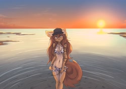 Size: 4096x2892 | Tagged: safe, artist:tinygaypirate, oc, oc:apogee (tinygaypirate), canine, dog, mammal, anthro, 2022, beach, bikini, body markings, brown body, brown eyes, brown fur, clothes, ear piercing, female, fur, hat, headwear, looking at you, multicolored fur, ocean, paw prints, piercing, smiling, solo, solo female, sunset, swimsuit, two toned body, two toned fur, water