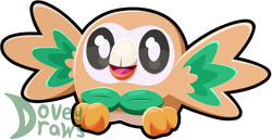 Size: 1280x662 | Tagged: safe, artist:doveydraws, fictional species, rowlet, feral, nintendo, pokémon, 2022, ambiguous gender, beak, chibi, cute, digital art, ears, feathered wings, feathers, fur, looking at you, open mouth, simple background, solo, solo ambiguous, spread wings, starter pokémon, tail, tongue, transparent background, watermark, wings