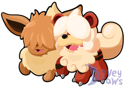 Size: 1280x897 | Tagged: safe, artist:doveydraws, eevee, eeveelution, fictional species, growlithe, mammal, feral, nintendo, pokémon, 2021, ambiguous gender, ambiguous only, black nose, chibi, cute, cute little fangs, digital art, duo, duo ambiguous, ears, eyes closed, fangs, fluff, fur, hair, hisuian growlithe, neck fluff, open mouth, paws, simple background, tail, teeth, tongue, transparent background, watermark
