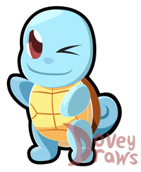 Size: 1173x1430 | Tagged: safe, artist:doveydraws, fictional species, squirtle, feral, nintendo, pokémon, 2021, ambiguous gender, chibi, cute, digital art, looking at you, one eye closed, paws, scales, shell, simple background, solo, solo ambiguous, starter pokémon, tail, transparent background, watermark, waving
