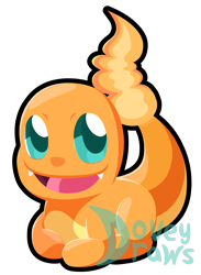 Size: 1187x1626 | Tagged: safe, artist:doveydraws, charmander, fictional species, feral, nintendo, pokémon, 2021, ambiguous gender, chibi, cute, cute little fangs, digital art, fangs, fire, loafing, looking at you, lying down, open mouth, open smile, paws, prone, scales, simple background, smiling, solo, solo ambiguous, starter pokémon, tail, teeth, tongue, transparent background, watermark