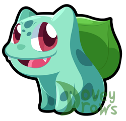 Size: 1280x1234 | Tagged: safe, artist:doveydraws, bulbasaur, fictional species, feral, nintendo, pokémon, 2021, ambiguous gender, chibi, cute, cute little fangs, digital art, fangs, looking at you, open mouth, open smile, paws, scales, simple background, sitting, smiling, smiling at you, solo, solo ambiguous, starter pokémon, tail, teeth, tongue, transparent background, watermark
