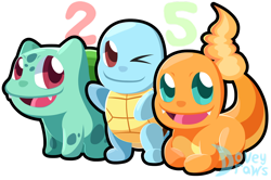 Size: 1280x848 | Tagged: safe, artist:doveydraws, bulbasaur, charmander, fictional species, squirtle, feral, nintendo, pokémon, 2021, ambiguous gender, ambiguous only, anniversary, chibi, cute, cute little fangs, digital art, fangs, fire, group, loafing, looking at you, lying down, one eye closed, open mouth, open smile, paws, prone, scales, shell, simple background, sitting, smiling, smiling at you, starter pokémon, tail, teeth, transparent background, trio, trio ambiguous, watermark, waving