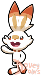 Size: 751x1401 | Tagged: safe, artist:doveydraws, fictional species, scorbunny, feral, nintendo, pokémon, 2021, ambiguous gender, buckteeth, chibi, cute, digital art, ears, fur, looking at you, open mouth, paws, red nose, simple background, solo, solo ambiguous, starter pokémon, tail, teeth, tongue, transparent background, watermark