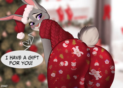 Size: 1280x915 | Tagged: safe, artist:zhadart, judy hopps (zootopia), lagomorph, mammal, rabbit, anthro, disney, zootopia, 2022, belly button, bent over, big butt, blushing, butt, christmas, clothes, digital art, ears, eyelashes, female, fur, hat, headwear, holiday, looking back, pink nose, pose, rear view, santa hat, solo, solo female, tail, thighs, wide hips