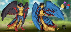 Size: 1500x688 | Tagged: safe, artist:zhadart, oc, oc only, bird, blue jay, corvid, fictional species, hybrid, jay, lucario, mammal, songbird, anthro, digitigrade anthro, nintendo, pokémon, 2021, belly button, bent over, breasts, butt, commission, digital art, ears, eyelashes, featureless breasts, featureless crotch, female, fluff, fur, hair, looking at you, neck fluff, pose, rear view, reference sheet, solo, solo female, spread wings, tail, thighs, wide hips, wings