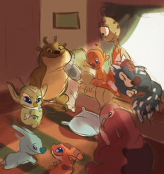 Size: 1430x1522 | Tagged: safe, artist:creesa, bonnie (lilo & stitch), clyde (lilo & stitch), fibber (lilo & stitch), nosy (lilo & stitch), slushy (lilo & stitch), spike (lilo & stitch), splodyhead (lilo & stitch), wendy pleakley (lilo & stitch), alien, experiment (lilo & stitch), fictional species, plorgonarian, disney, lilo & stitch, 2 toes, 2020, 3 legs, 4 ears, antennae, arm marking, back marking, big nose, blue body, blue eyes, blue nose, body markings, brown nose, clothes, colored sketch, cybernetic arm, cybernetic limb, dipstick antennae, dress, eyebrows, eyes closed, facial markings, feet, forehead marking, green body, group, handwear, happy, head marking, indoors, leg marking, lying, lying down, multicolored antennae, multiple ears, muumuu, occipital marking, one eye, oven gloves, pillow, prone, raised inner eyebrows, red body, red nose, sitting, sketch, sleeping, smiling, tan body, toes