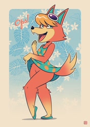 Size: 2480x3508 | Tagged: safe, artist:fox-popvli, audie (animal crossing), canine, mammal, wolf, anthro, animal crossing, animal crossing: new horizons, nintendo, 2022, 2d, bottomless, clothes, dress, female, muumuu, open mouth, open smile, partial nudity, smiling, solo, solo female