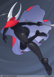 Size: 848x1200 | Tagged: suggestive, artist:chrysalisdraws, hornet (hollow knight), arthropod, insect, anthro, digitigrade anthro, hollow knight, 2021, breasts, butt, cape, digital art, female, mask, rear view, solo, solo female, thighs, wide hips
