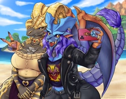Size: 2560x2018 | Tagged: safe, artist:samwichart, fictional species, kulve taroth, lunastra, monster, reptile, anthro, monster hunter, 2022, big breasts, bottomwear, breasts, cell phone, clothes, duo, duo female, female, females only, horns, jacket, pants, phone, scales, selfie, shirt, tail, thick thighs, thighs, topwear, wide hips, wings