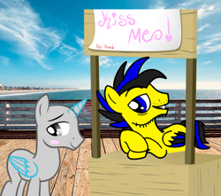 Size: 3321x2941 | Tagged: safe, artist:mrstheartist, collaboration, oc, oc only, oc:ponyseb 2.0, alicorn, equine, fictional species, mammal, pegasus, pony, feral, friendship is magic, hasbro, my little pony, 2022, beach, bedroom eyes, black outline, blushing, booth, bright colors, duo, duo male, high res, kissing booth, male, males only, medibang paint, stallion