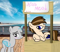 Size: 3389x2941 | Tagged: safe, artist:mrstheartist, collaboration, oc, oc only, oc:seb the pony, alicorn, equine, fictional species, mammal, pegasus, pony, feral, friendship is magic, hasbro, my little pony, 2022, base used, beach, bedroom eyes, black outline, blushing, booth, colored wingtips, free to use, kissing booth, wings
