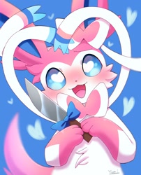 Size: 1262x1564 | Tagged: safe, alternate version, artist:yuni kemono, eeveelution, fictional species, mammal, sylveon, semi-anthro, nintendo, pokémon, 2022, 2d, ambiguous gender, cute, heart, heart eyes, knife, looking at you, open mouth, open smile, smiling, smiling at you, solo, solo ambiguous, wingding eyes