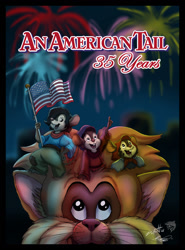 Size: 947x1280 | Tagged: safe, artist:dutch, fievel mousekewitz (an american tail), tanya mousekewitz (an american tail), tiger (an american tail), tony toponi (an american tail), cat, feline, mammal, mouse, rodent, anthro, an american tail, sullivan bluth studios, 2021, 2d, american flag, anniversary, bottomwear, clothes, english text, female, flag, group, hat, headscarf, headwear, male, murine, pants, signature, sweater, text, topwear, united states of america