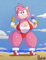Size: 1621x2074 | Tagged: suggestive, artist:plaga, amy rose (sonic), hedgehog, mammal, anthro, cc by-nc-nd, creative commons, sega, sonic the hedgehog (series), 2022, :>, beach, belly button, big breasts, bikini, black eyes, black nose, breasts, cleavage, clothes, eyelashes, female, food, front view, gloves, hair, hairband, huge thighs, ice cream, ice cream cone, looking at you, midriff, outdoors, pink body, popsicle, red bikini, red swimsuit, shoes, signature, smiling, smiling at you, solo, solo female, swimsuit, white gloves