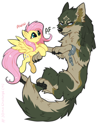 Size: 996x1255 | Tagged: safe, artist:hioshiru, fluttershy (mlp), link (wolf form), link (zelda), canine, equine, fictional species, mammal, pegasus, pony, wolf, feral, friendship is magic, hasbro, my little pony, nintendo, the legend of zelda, the legend of zelda: twilight princess, 2018, blushing, crossover, cute, dialogue, duo, duo male and female, female, male, mare, paw pads, paws, simple background, talking, white background