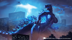 Size: 2000x1125 | Tagged: safe, artist:alanscampos, godzilla (godzilla), fictional species, kaiju, anthro, godzilla (series), 16:9, 2019, aircraft, belly button, big breasts, big butt, breasts, building, butt, city, cloud, detailed background, digital art, ears, eyelashes, featureless breasts, featureless crotch, female, fire, fire breathing, giantess, helicopter, lightning, macro, open mouth, rain, rule 63, scales, sharp teeth, sky, solo, solo female, tail, teeth, thick thighs, thighs, tongue, vehicle, wallpaper, wide hips