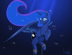 Size: 1280x971 | Tagged: safe, artist:ccruelangel, princess luna (mlp), alicorn, equine, fictional species, mammal, pony, friendship is magic, hasbro, my little pony, 2022, blue background, blue hair, blue mane, bubble, chains, colored pupils, cutie mark, depression, diving, ethereal mane, eyes closed, feather, female, flowing mane, hair, high res, horn, image, mane, mare, ocean, sad, signature, simple background, solo, solo female, sparkles, spread wings, starry mane, stars, sunbeam, sunlight, tired, underwater, water, wings
