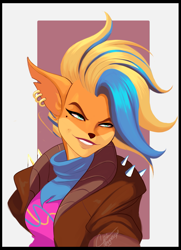 Size: 1651x2281 | Tagged: safe, artist:gynesisx, tawna bandicoot (crash bandicoot), bandicoot, mammal, marsupial, anthro, crash bandicoot (series), 2022, breasts, bust, clothes, ear piercing, earring, female, fur, hair, looking at you, multicolored hair, narrowed eyes, piercing, portrait, scarf, solo, solo female, two toned hair
